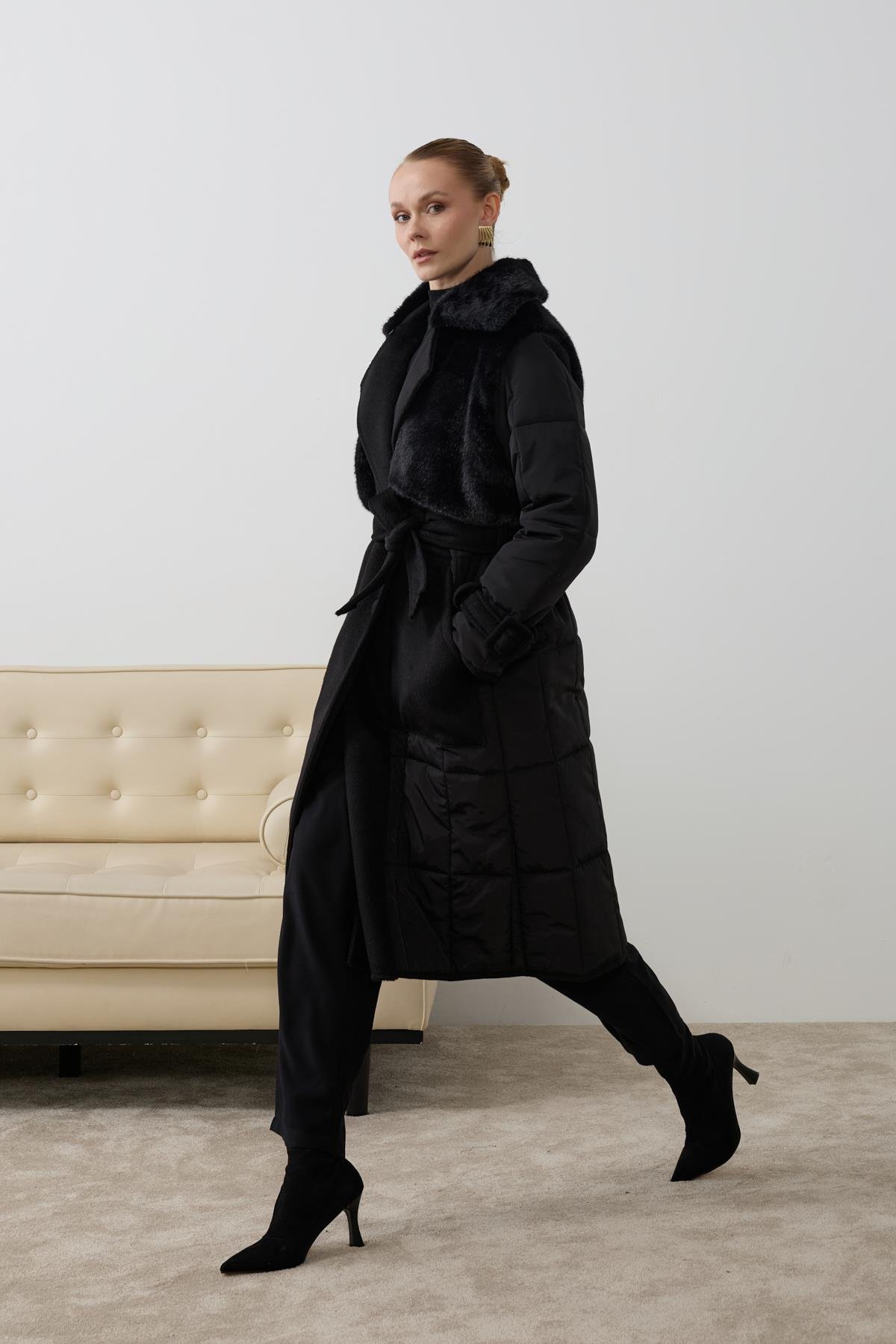 Monze Düğmeli Kürk Garnili Şişme Mont SİYAH