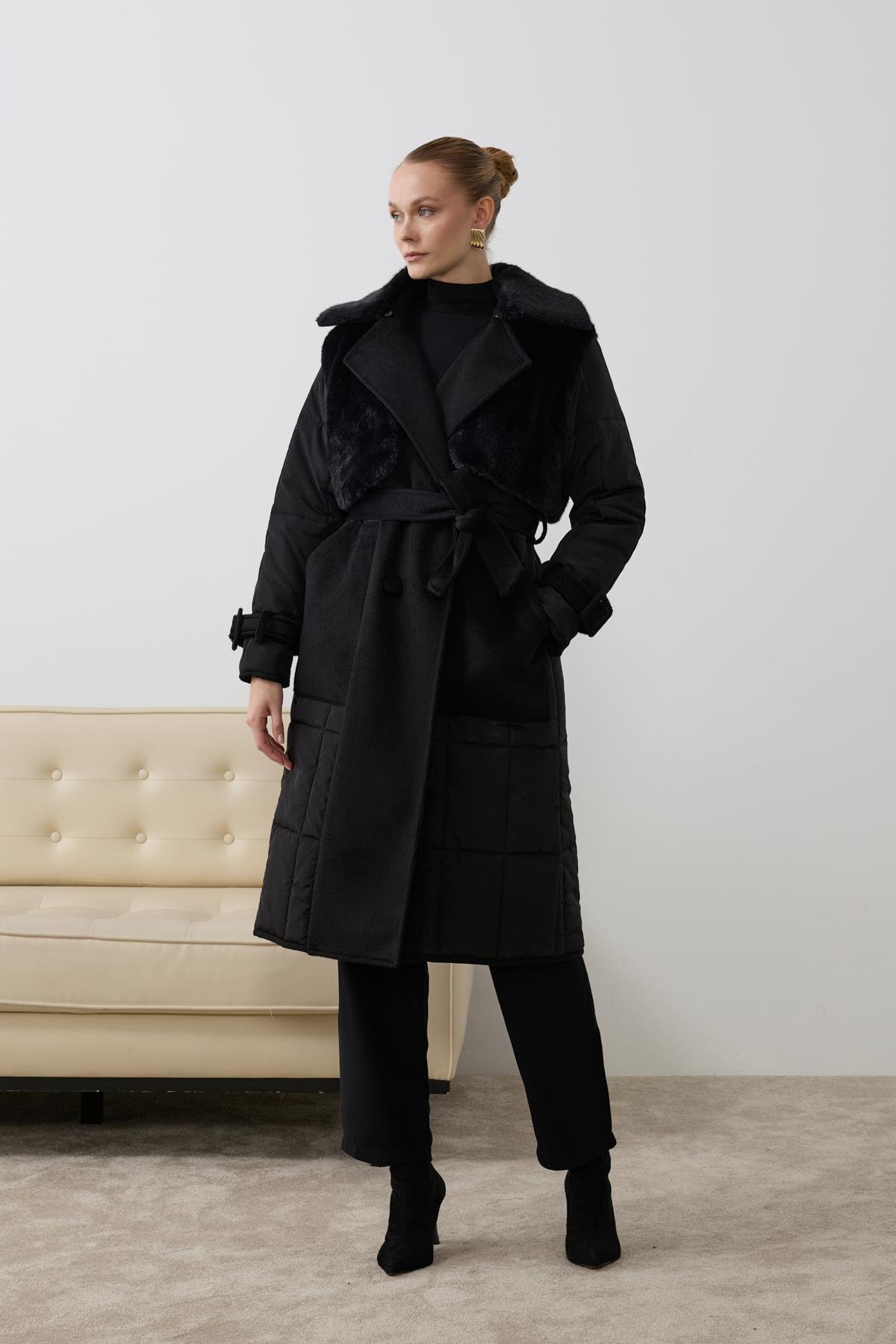 Monze Düğmeli Kürk Garnili Şişme Mont SİYAH