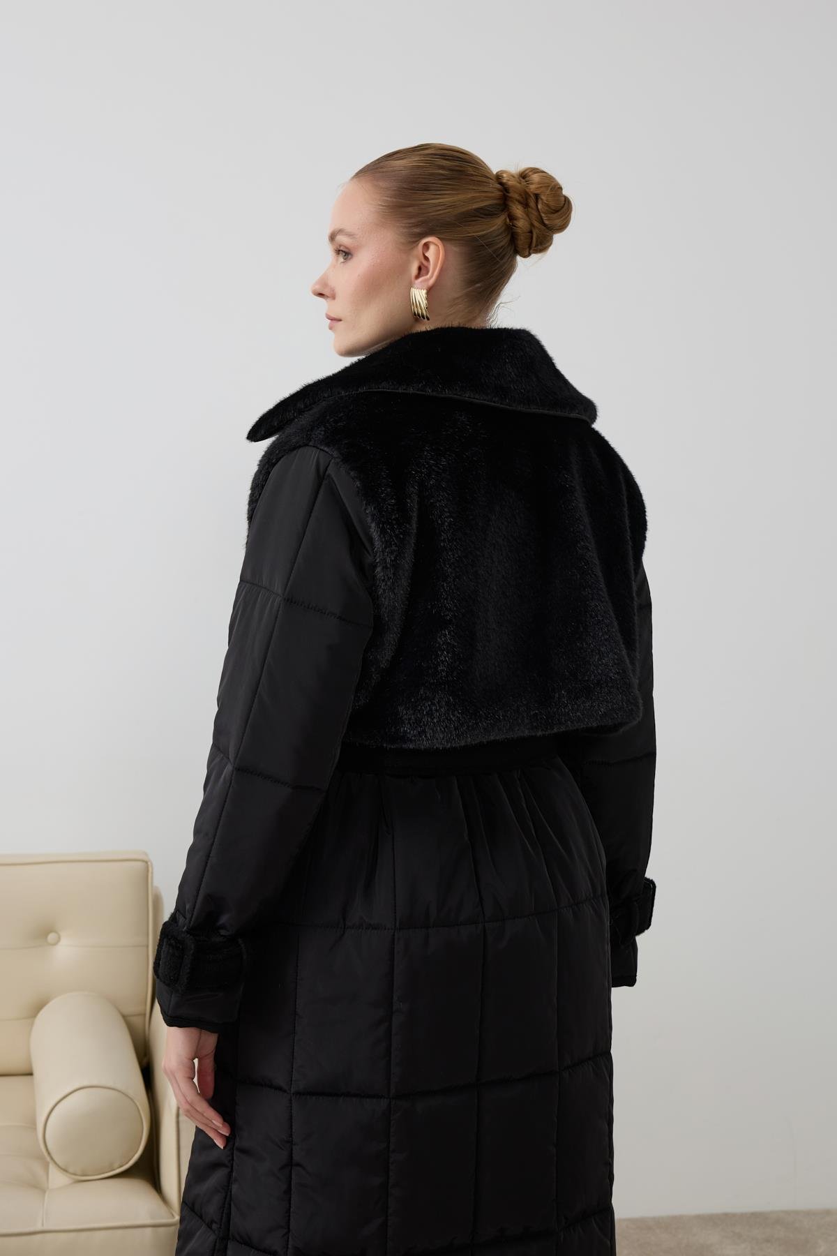 Monze Düğmeli Kürk Garnili Şişme Mont SİYAH