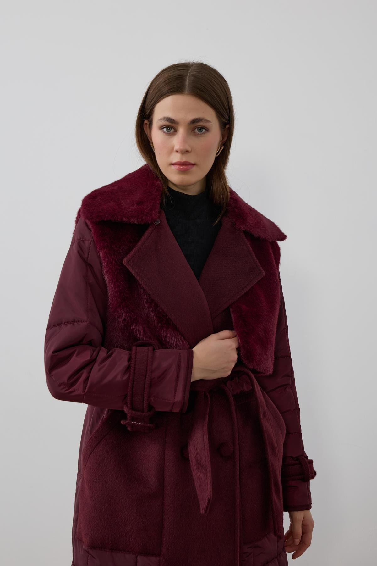 Monze Düğmeli Kürk Garnili Şişme Mont MÜRDÜM