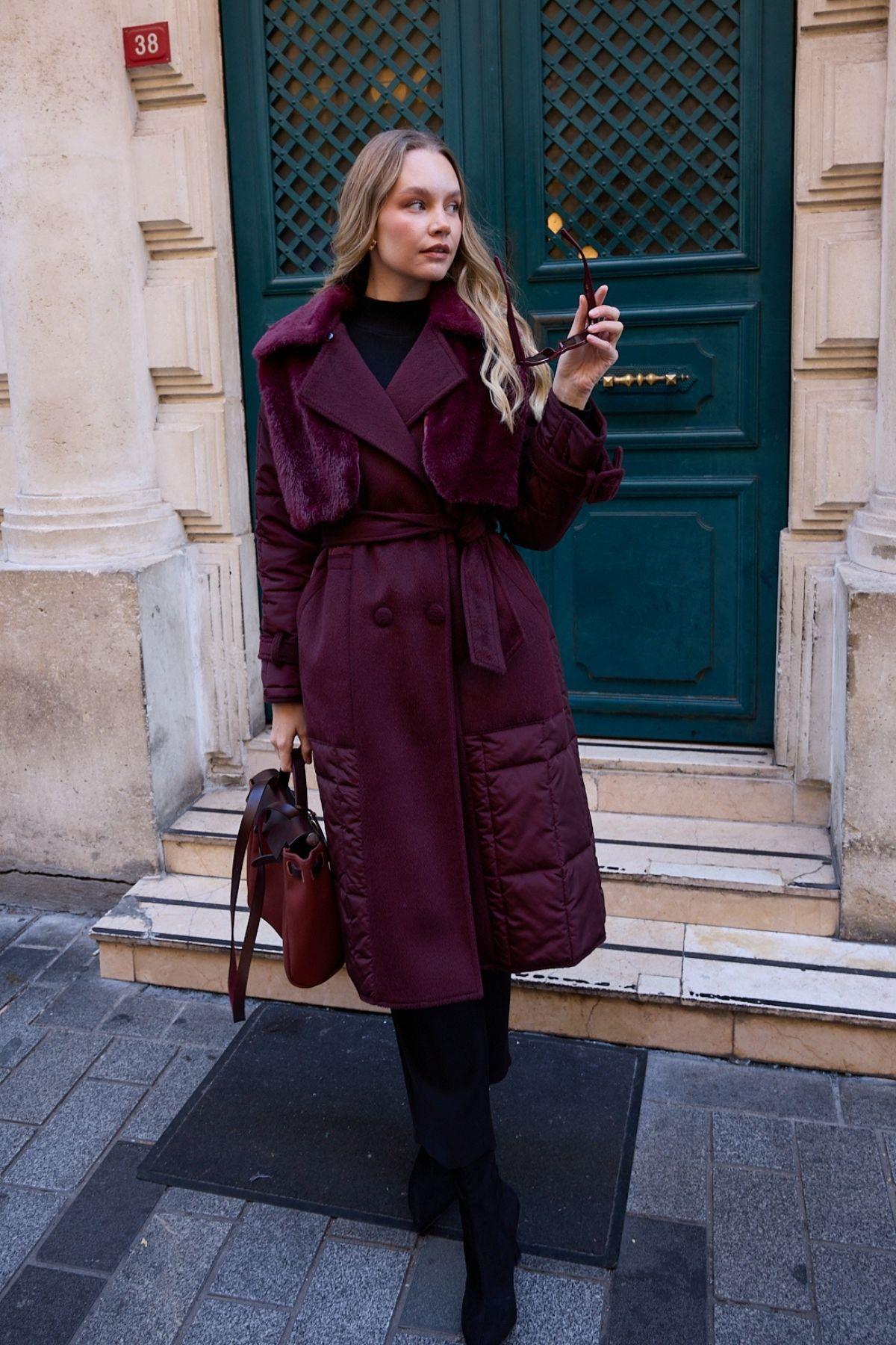 Monze Düğmeli Kürk Garnili Şişme Mont MÜRDÜM