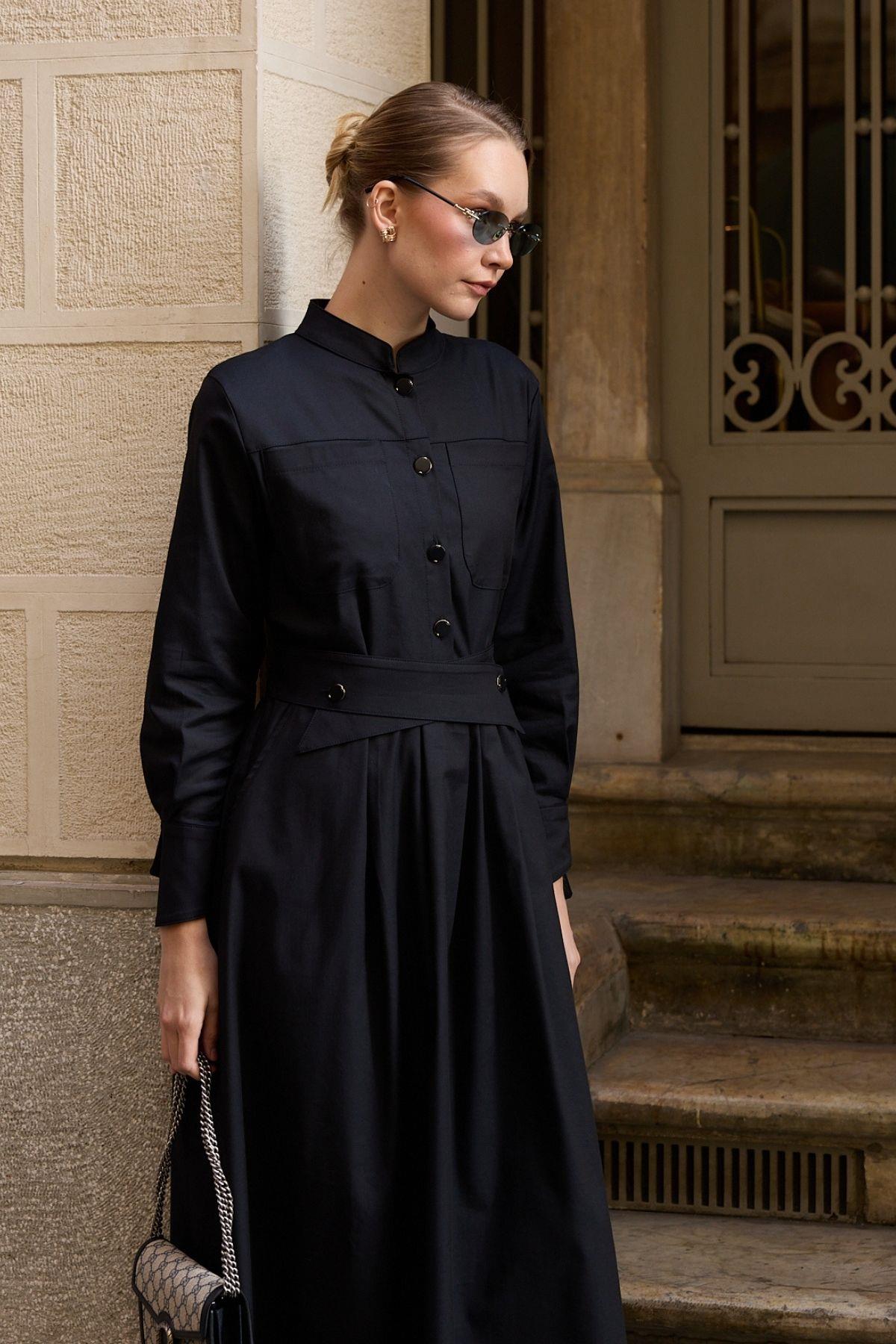 New Dore Kendinden Kemerli Elbise LACİVERT