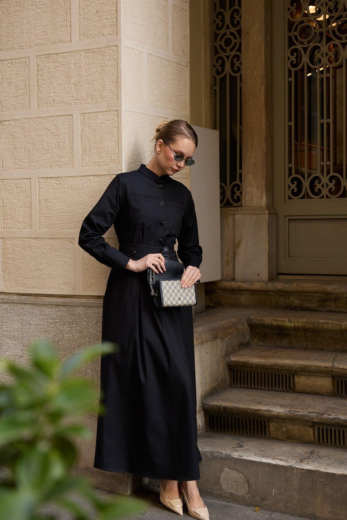 New Dore Kendinden Kemerli Elbise LACİVERT