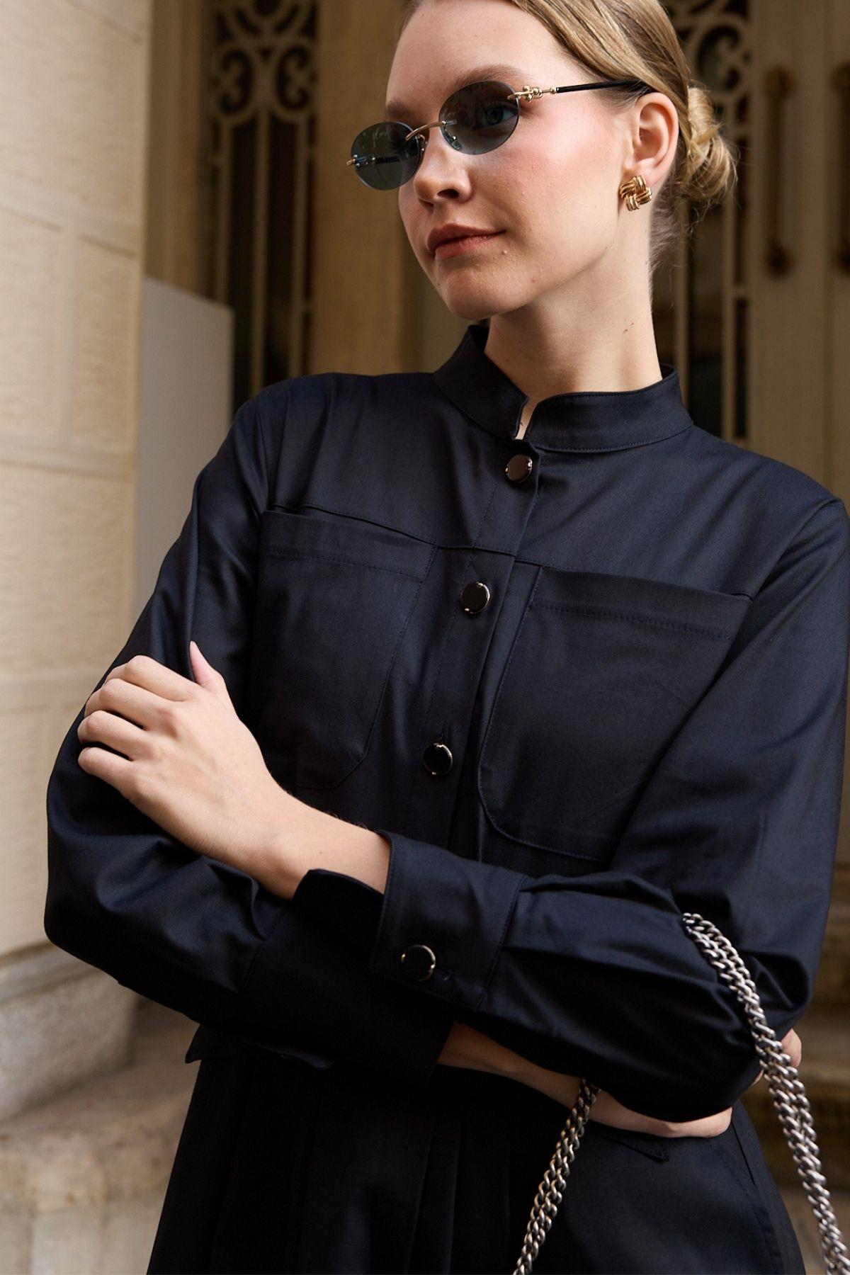 New Dore Kendinden Kemerli Elbise LACİVERT