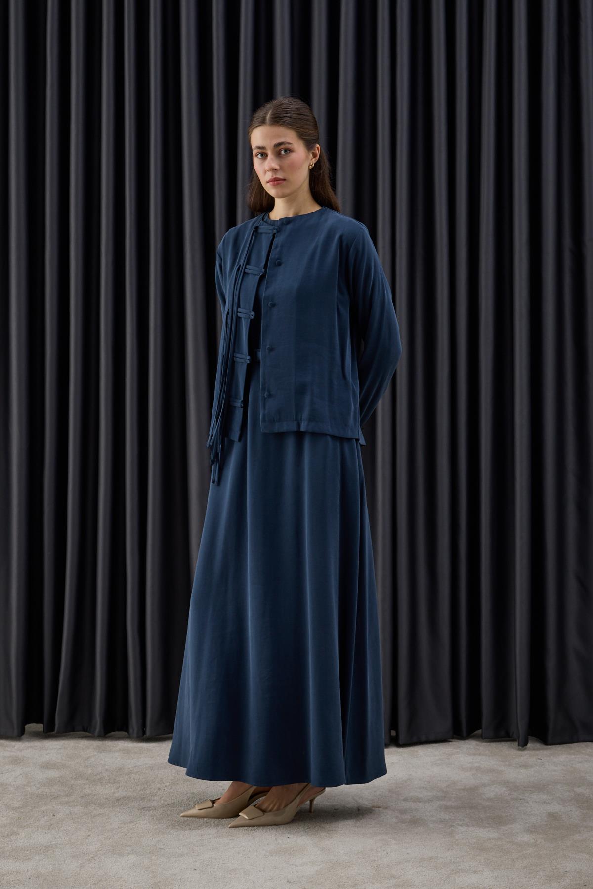 New Sofia Sosis Biyeli İçlik Elbiseli Takım LACİVERT