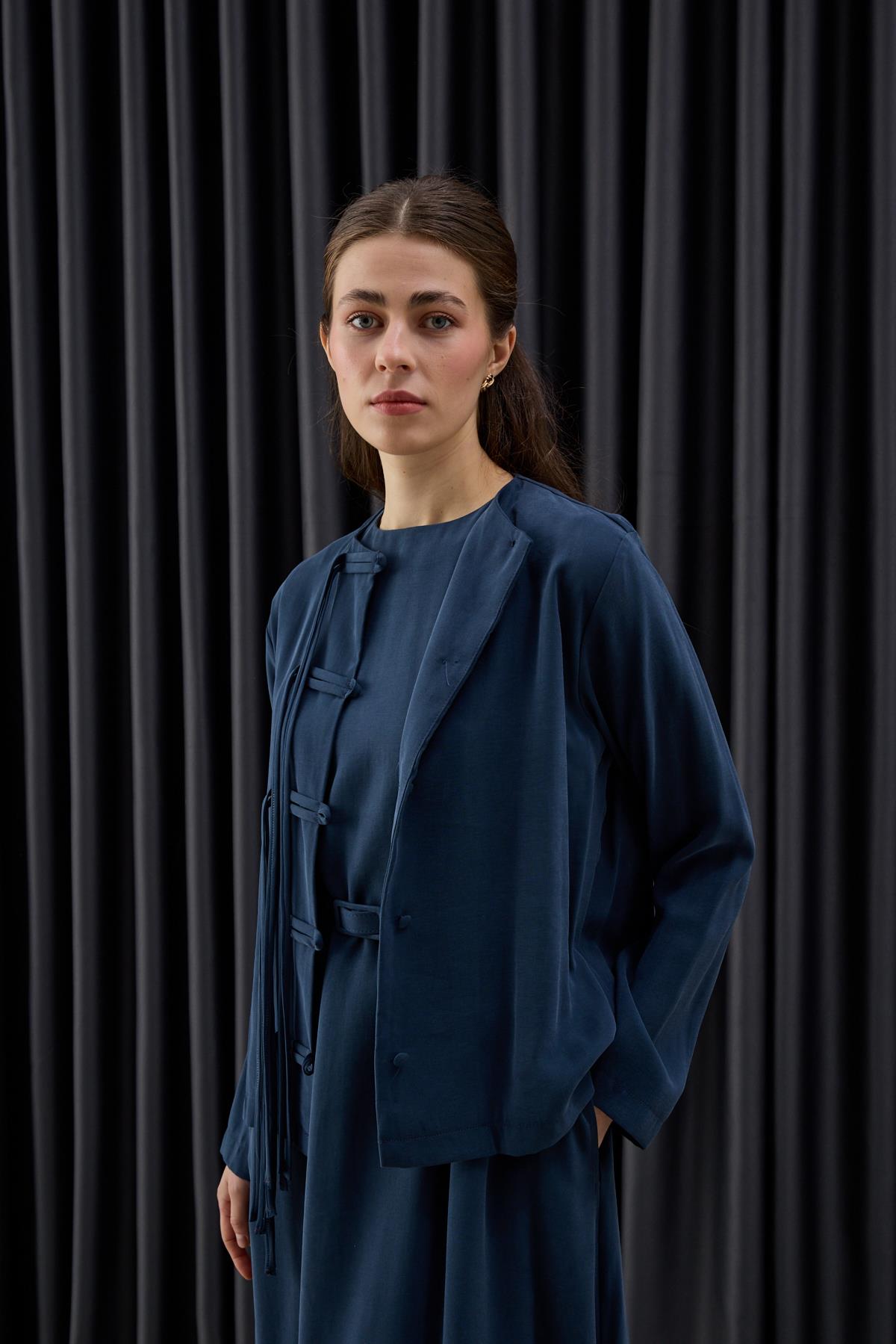 New Sofia Sosis Biyeli İçlik Elbiseli Takım LACİVERT