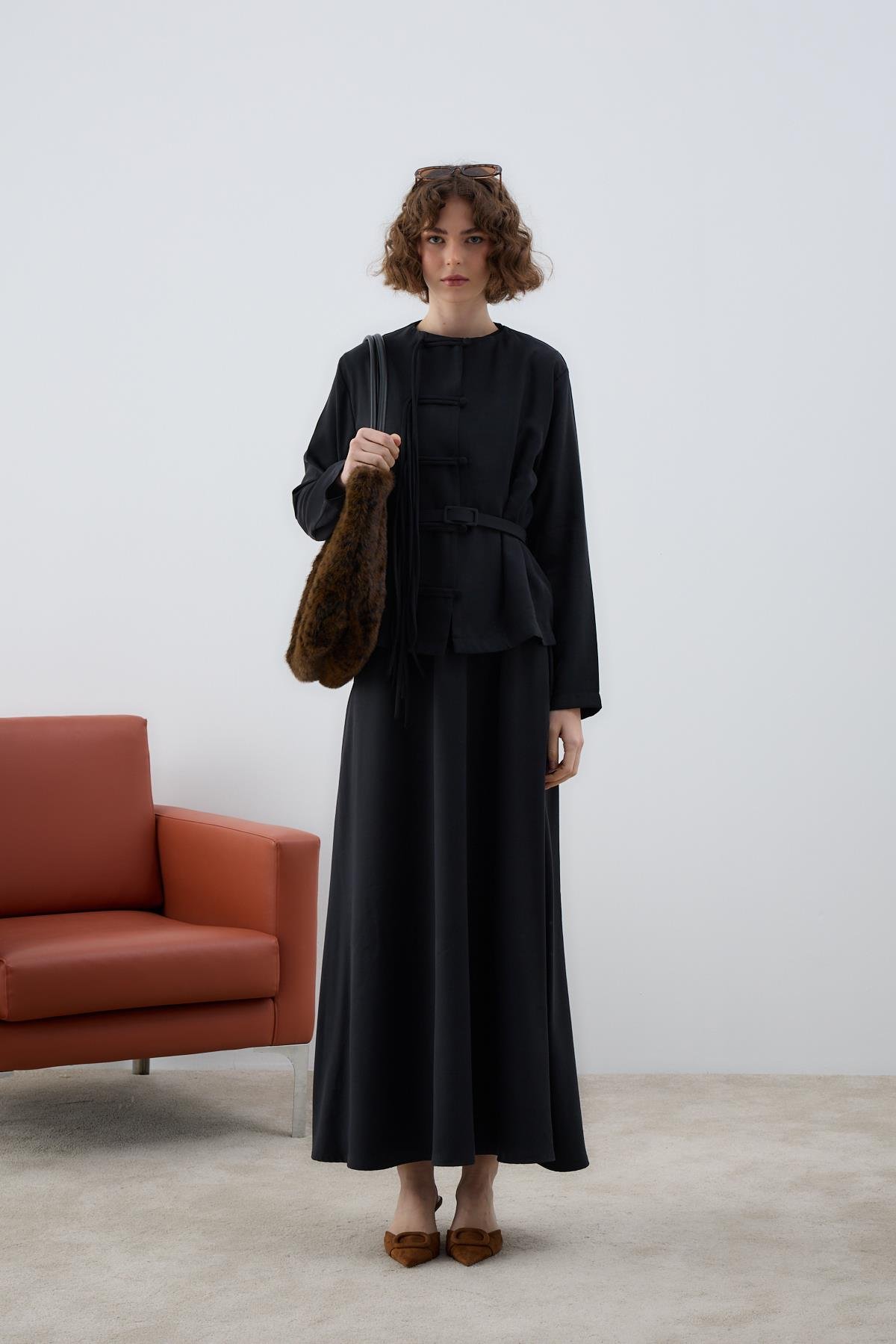 New Sofia Sosis Biyeli İçlik Elbiseli Takım SİYAH