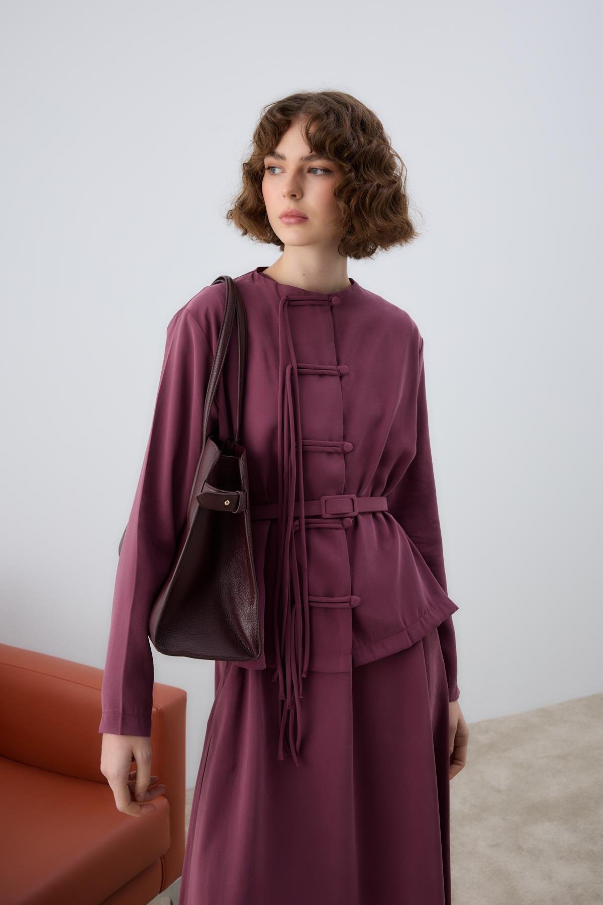 New Sofia Sosis Biyeli İçlik Elbiseli Takım MÜRDÜM