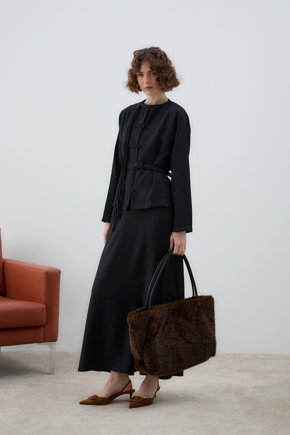 New Sofia Sosis Biyeli İçlik Elbiseli Takım SİYAH