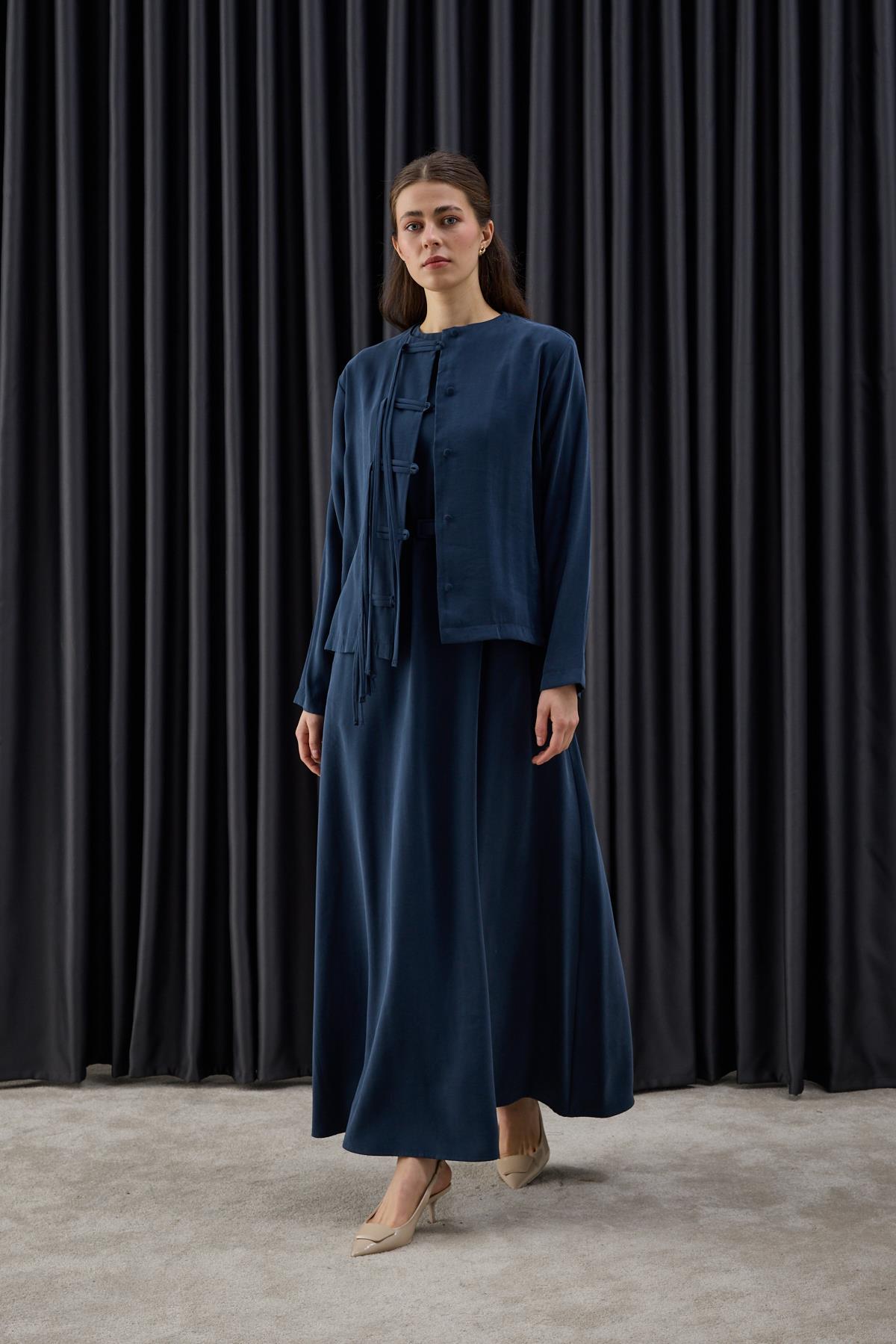 New Sofia Sosis Biyeli İçlik Elbiseli Takım LACİVERT