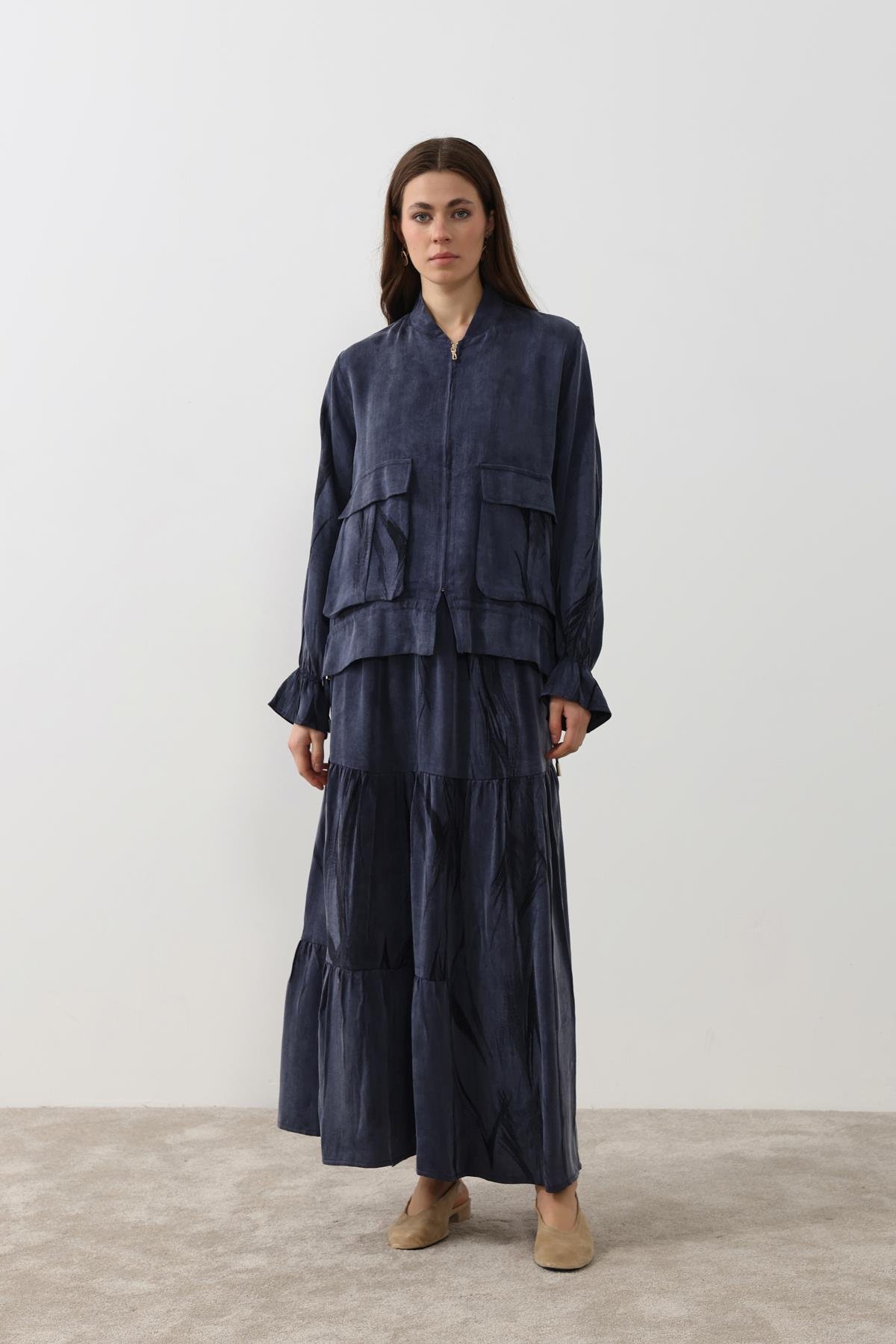 Nicole Fermuarlı Jakar Garnili Etekli Takım LACİVERT