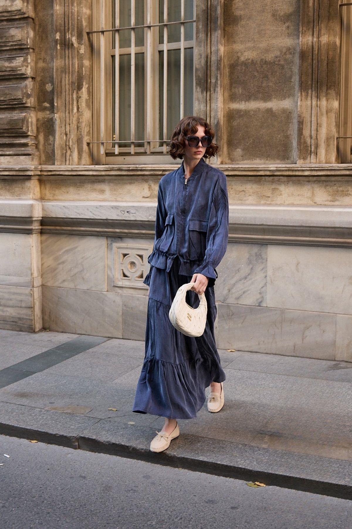 Nicole Fermuarlı Jakar Garnili Etekli Takım LACİVERT