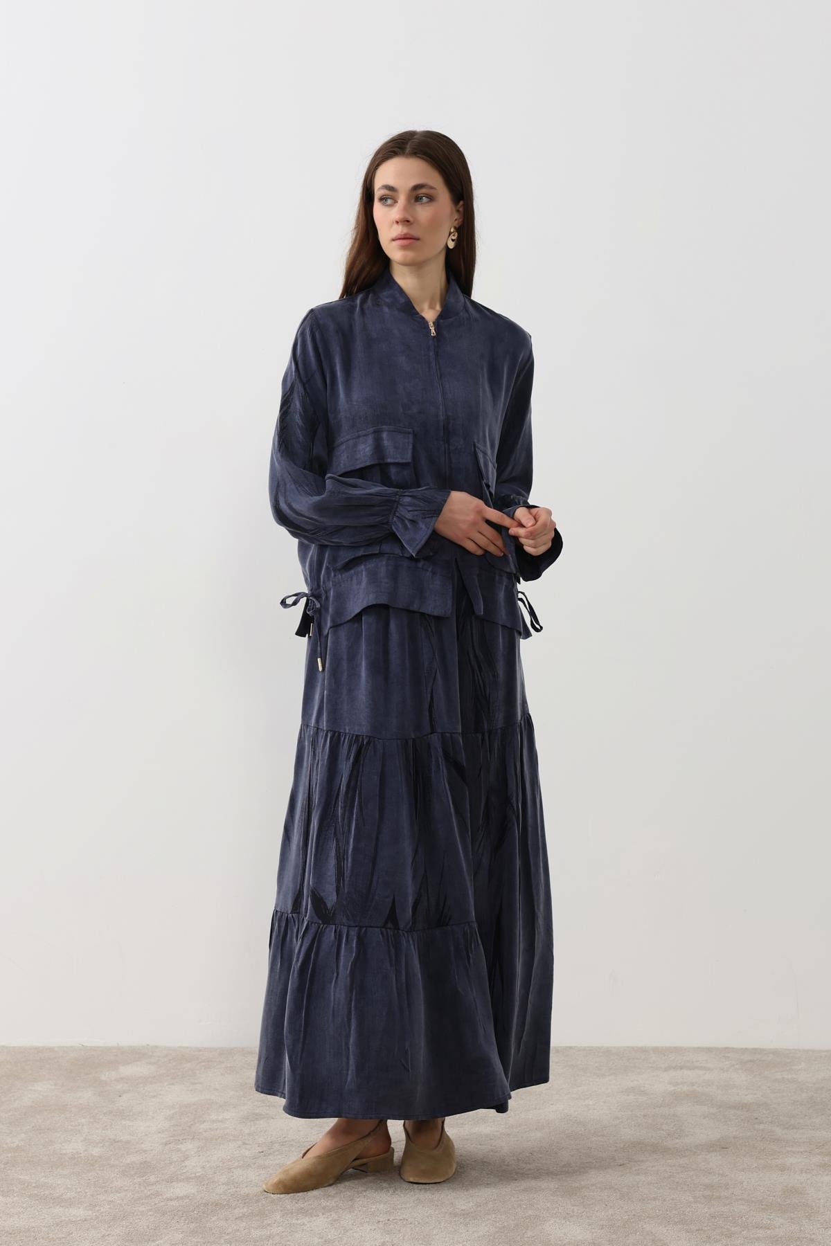 Nicole Fermuarlı Jakar Garnili Etekli Takım LACİVERT