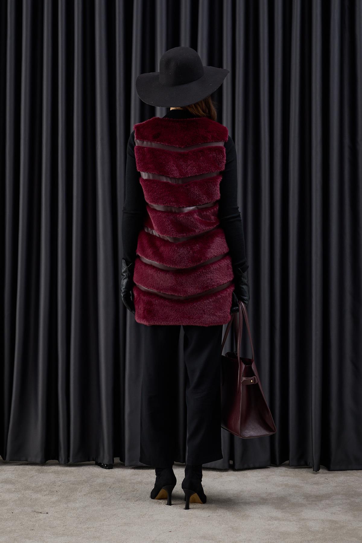 Premium Deri ve Kürk Detaylı Yelek MÜRDÜM