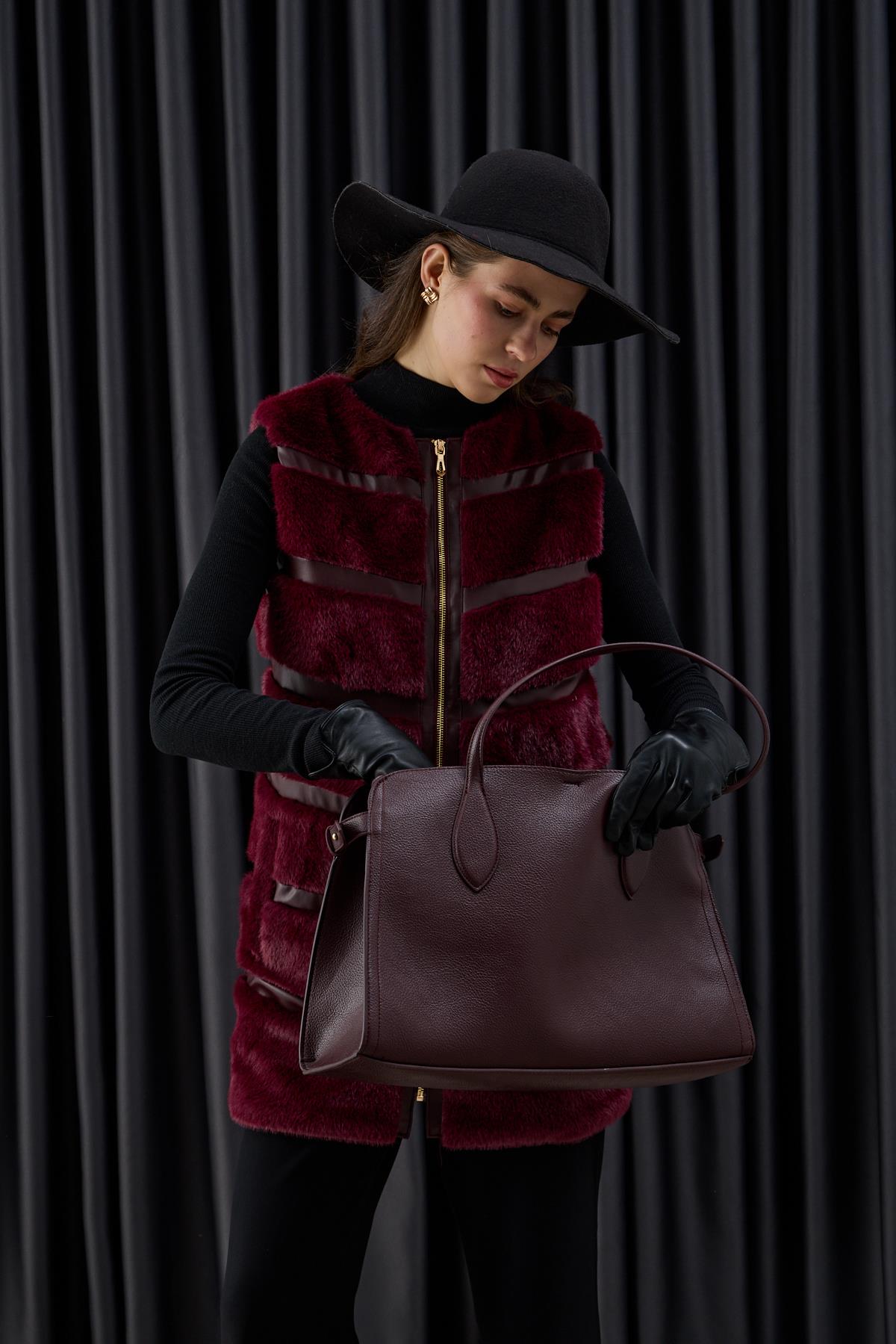 Premium Deri ve Kürk Detaylı Yelek MÜRDÜM