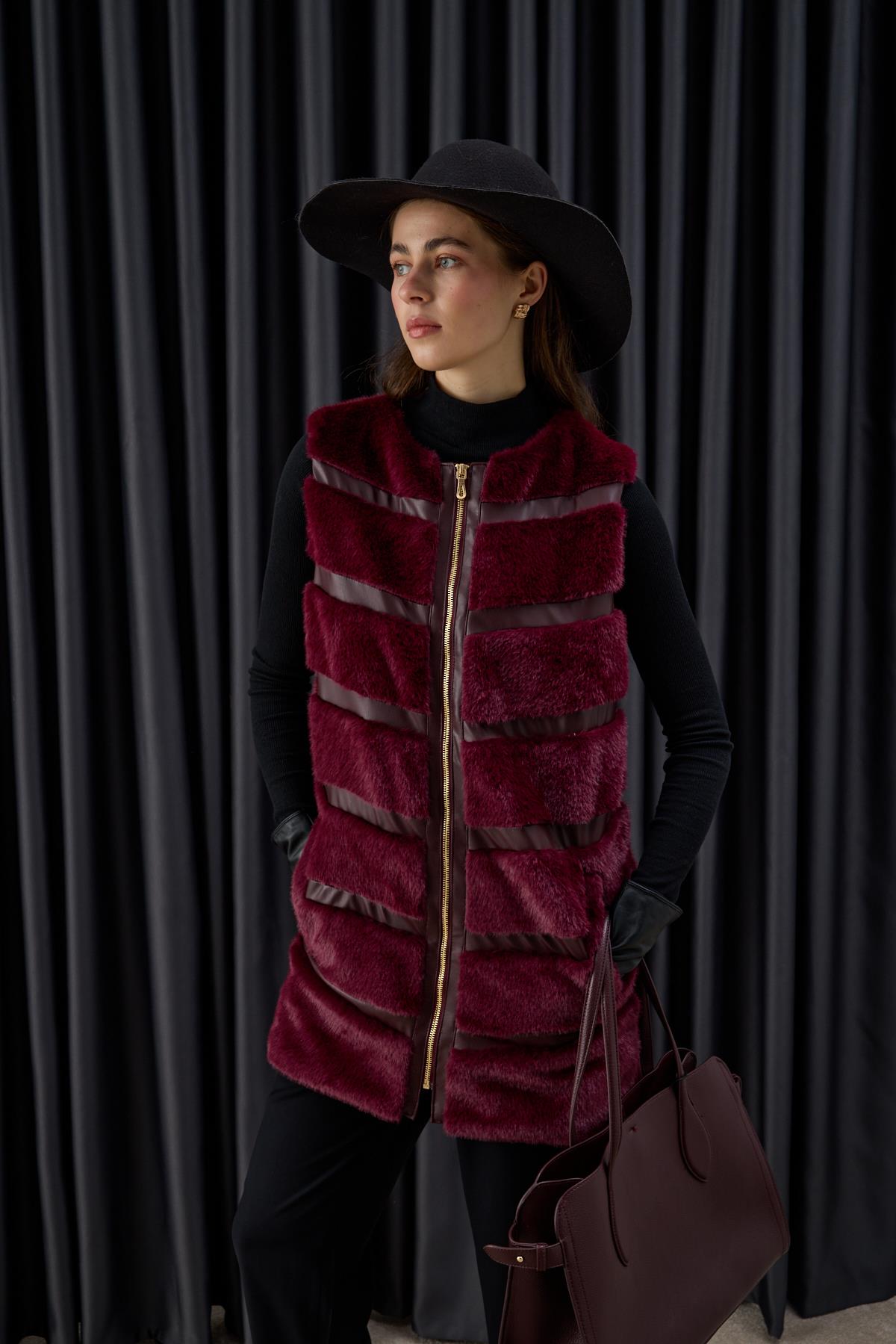 Premium Deri ve Kürk Detaylı Yelek MÜRDÜM