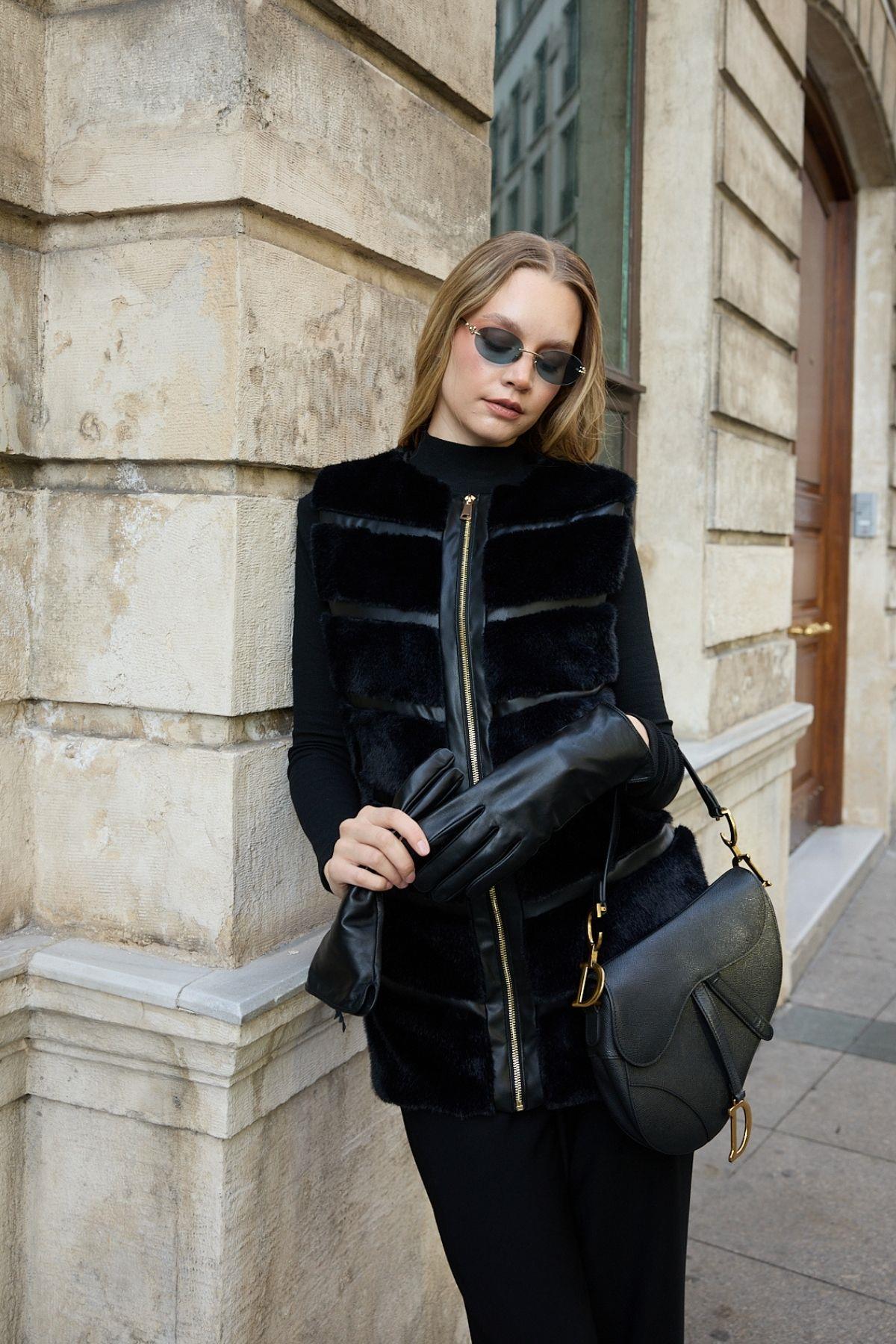 Premium Deri ve Kürk Detaylı Yelek SİYAH