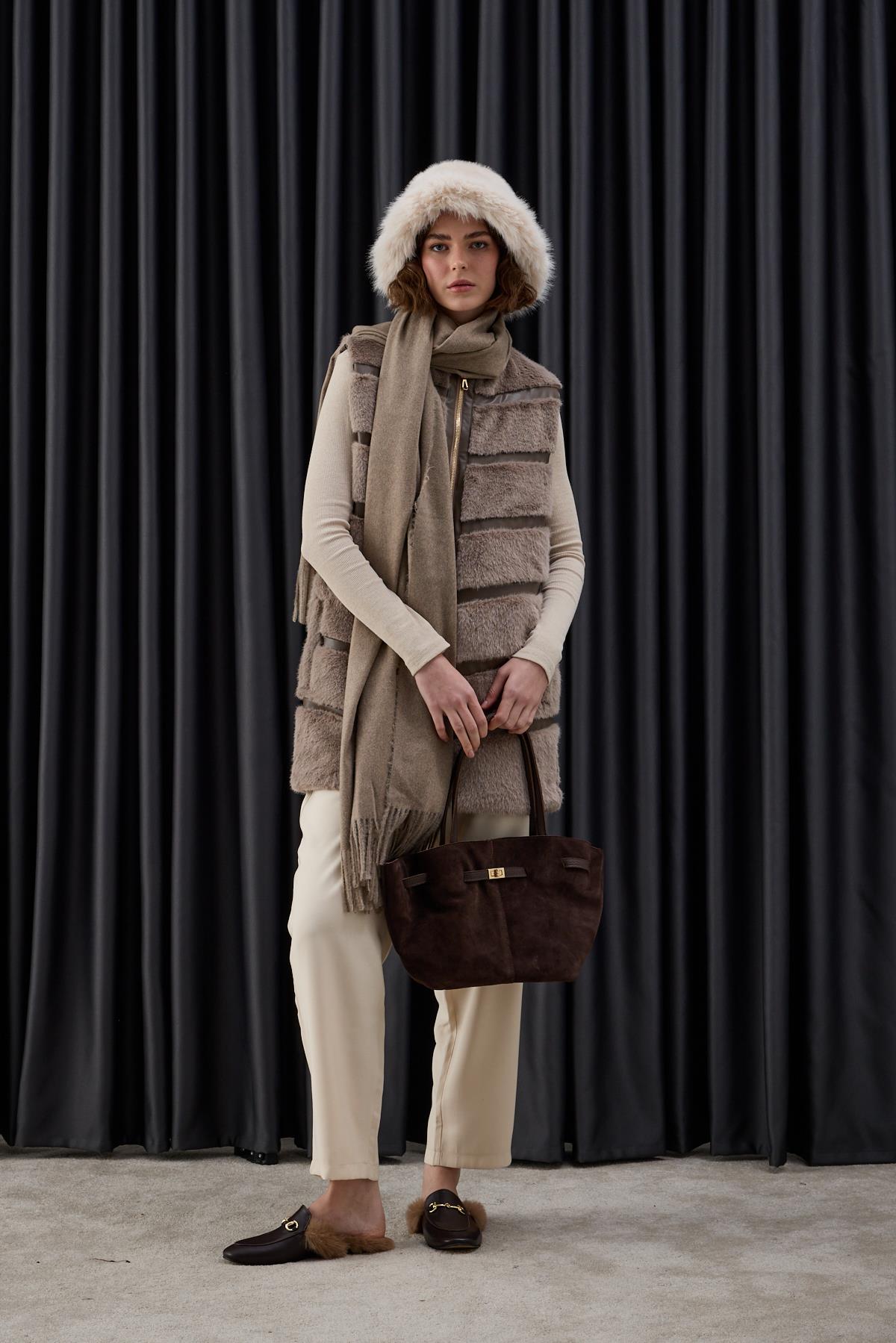 Premium Deri ve Kürk Detaylı Yelek VİZON