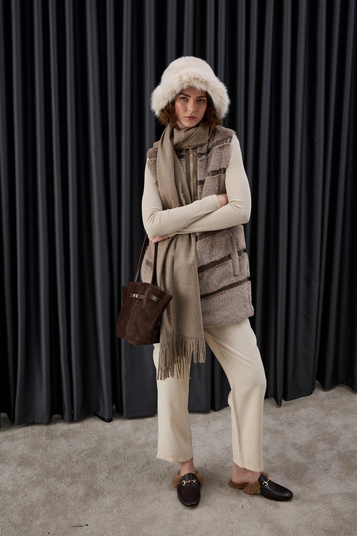 Premium Deri ve Kürk Detaylı Yelek VİZON