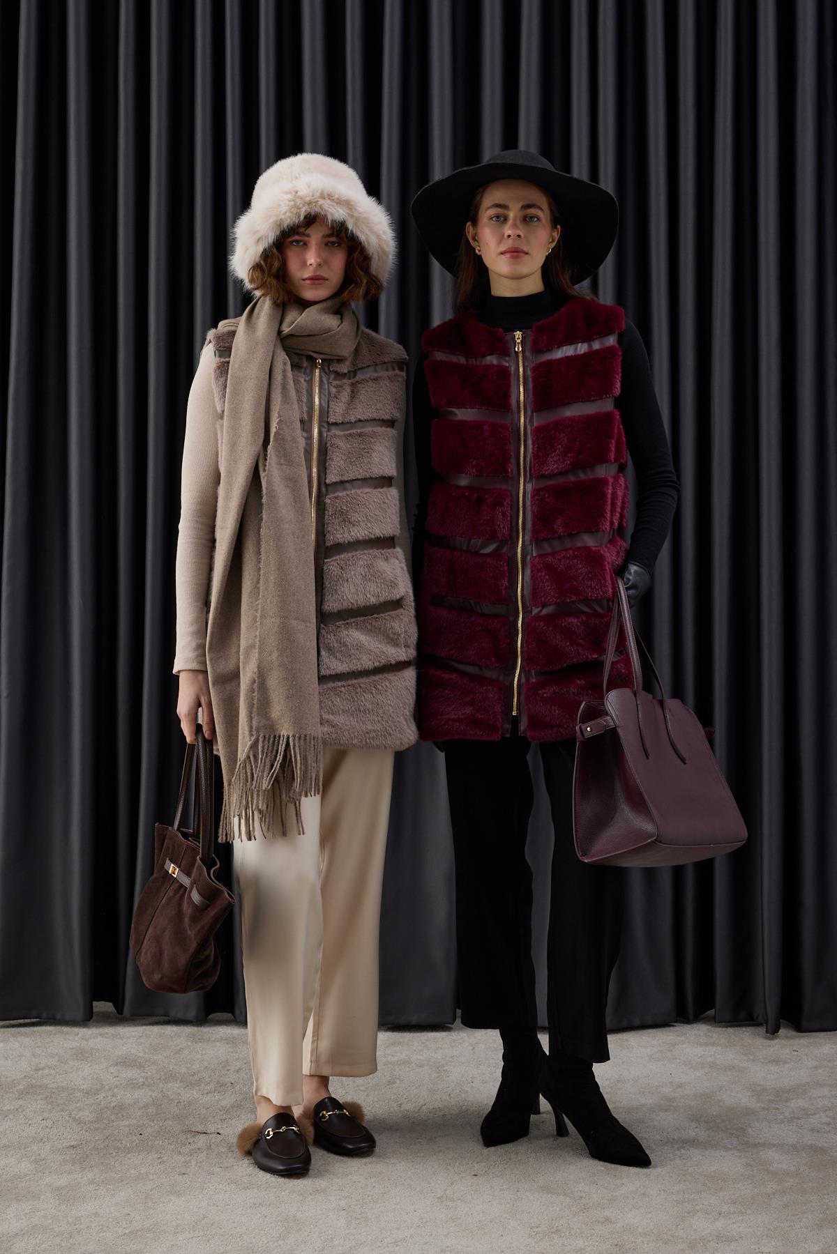 Premium Deri ve Kürk Detaylı Yelek VİZON