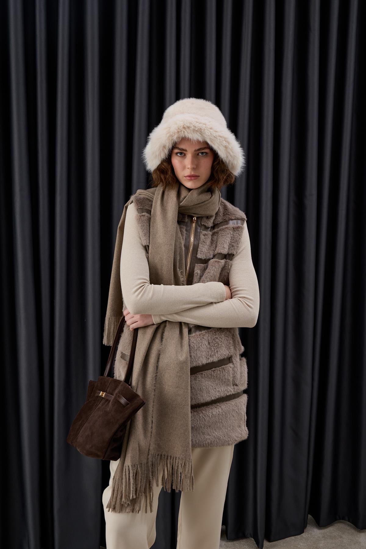 Premium Deri ve Kürk Detaylı Yelek VİZON