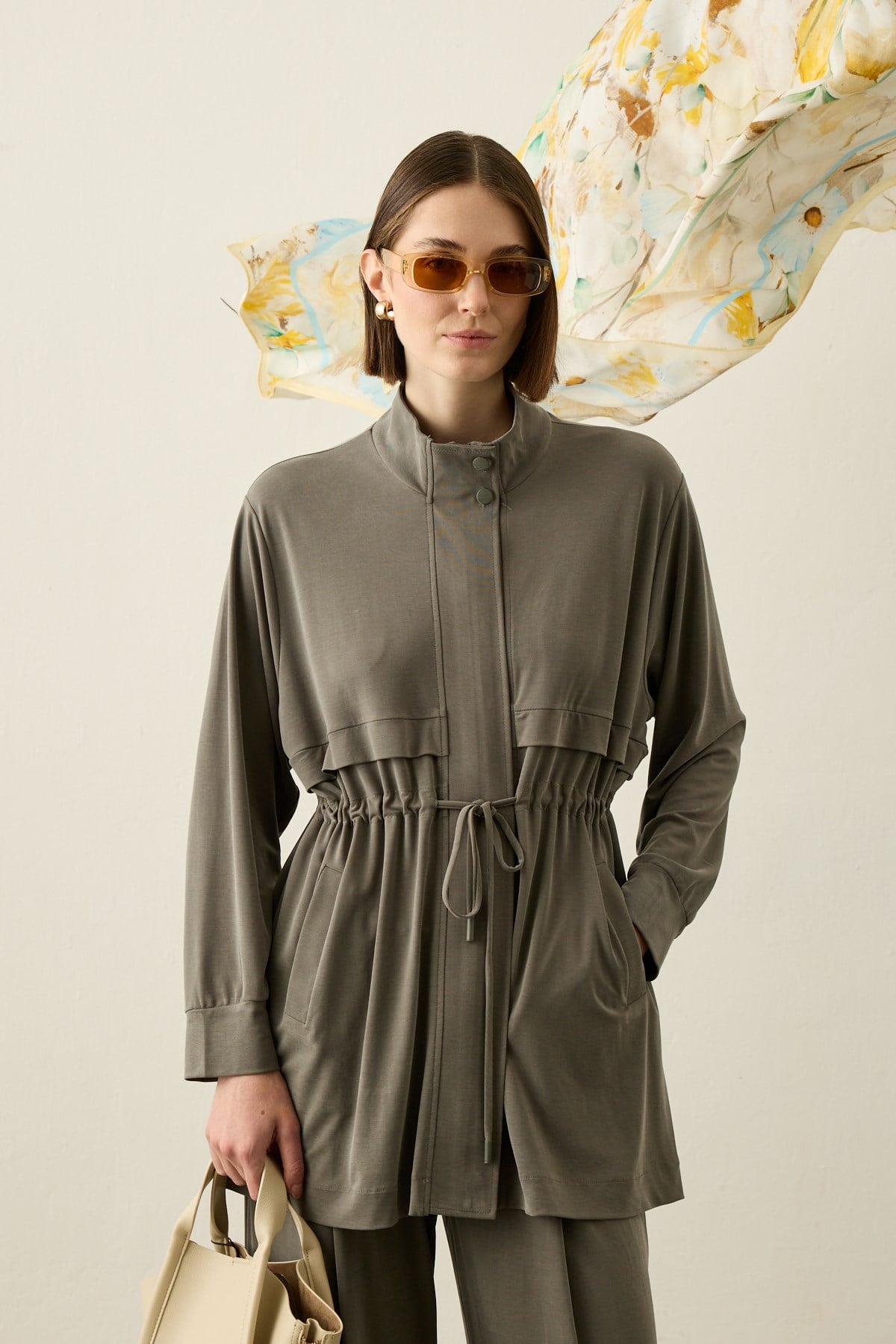 Seul Beli Kuşaklı Örme Rayon Eşofman Pantolonlu Takım HAKİ