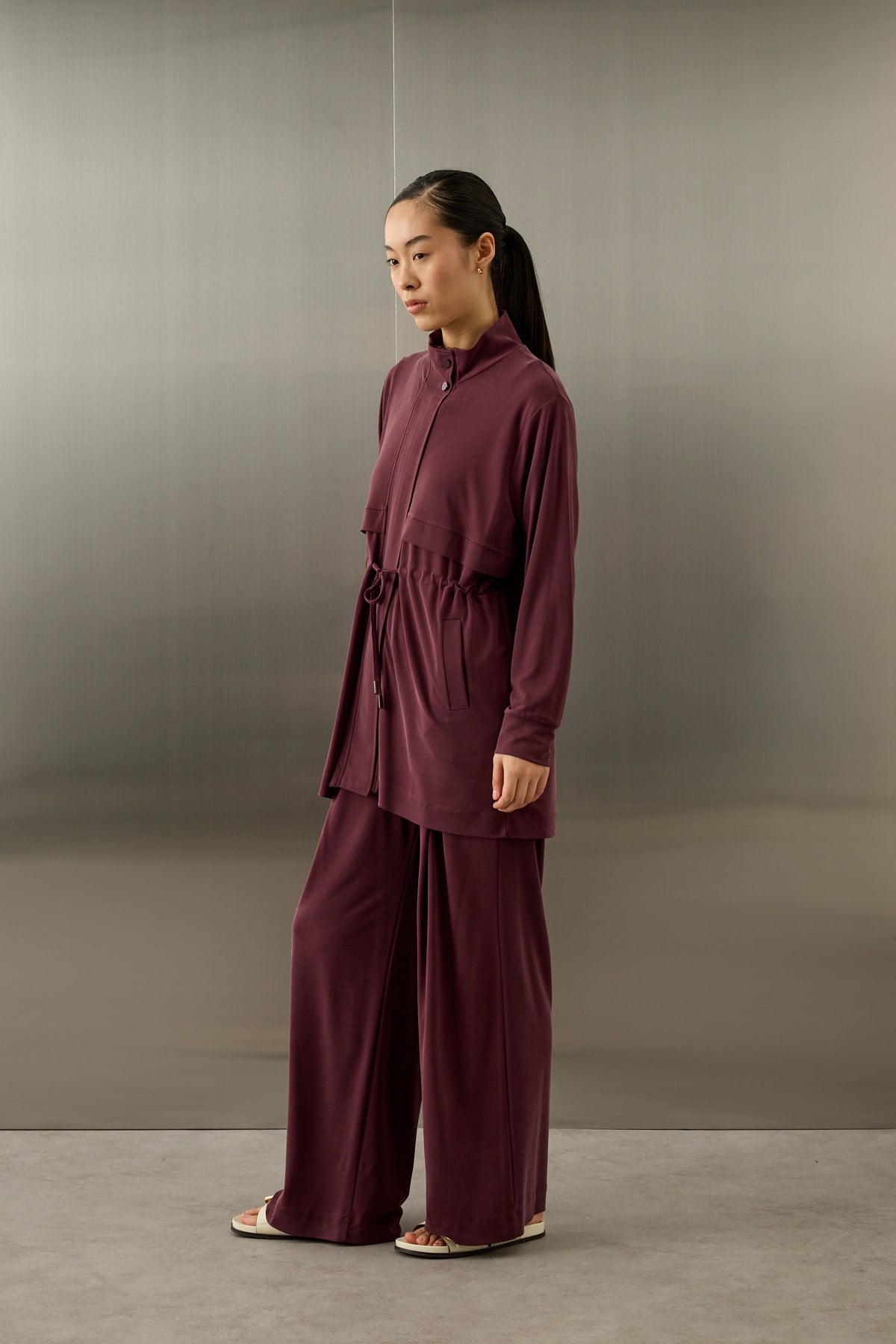 Seul Beli Kuşaklı Örme Rayon Eşofman Pantolonlu Takım MÜRDÜM