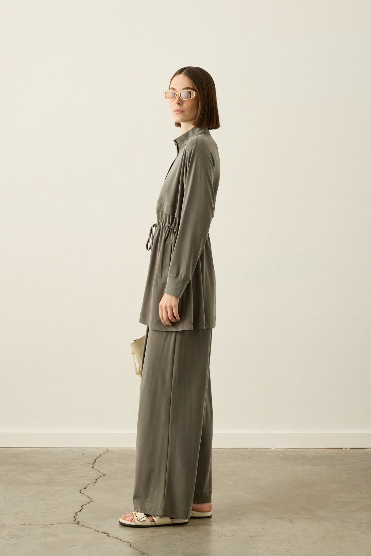 Seul Beli Kuşaklı Örme Rayon Eşofman Pantolonlu Takım HAKİ