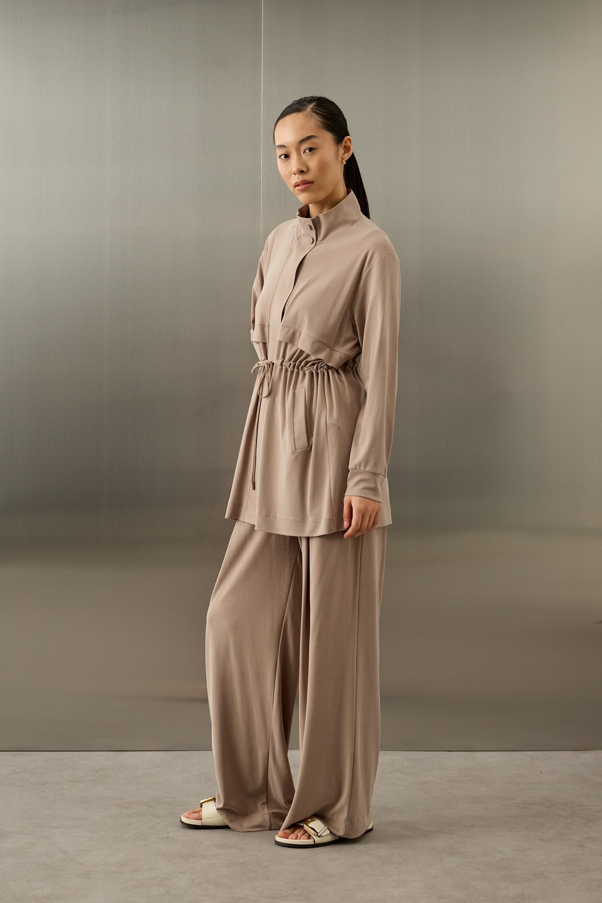 Seul Beli Kuşaklı Örme Rayon Eşofman Pantolonlu Takım VİZON