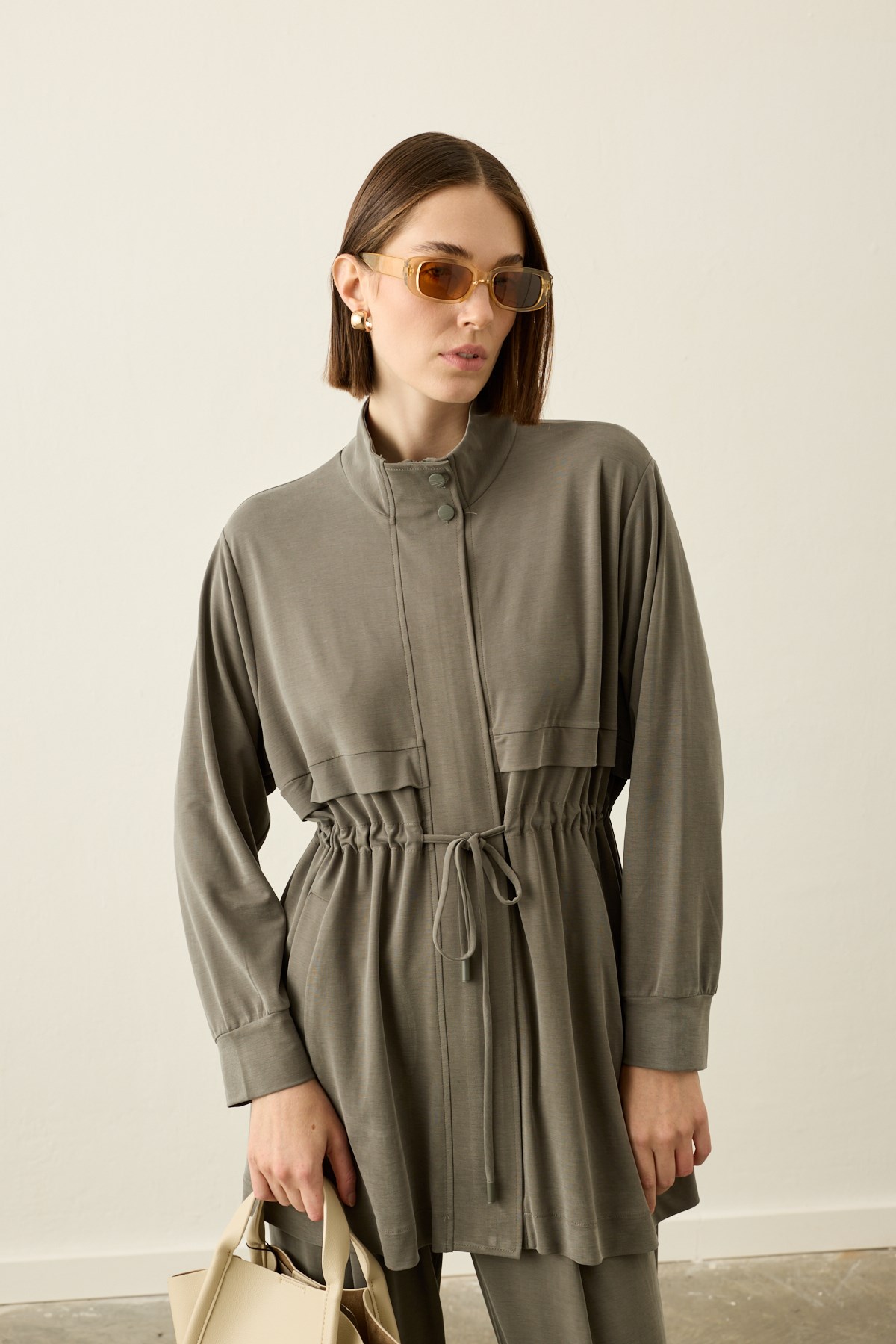 Seul Beli Kuşaklı Örme Rayon Eşofman Pantolonlu Takım HAKİ