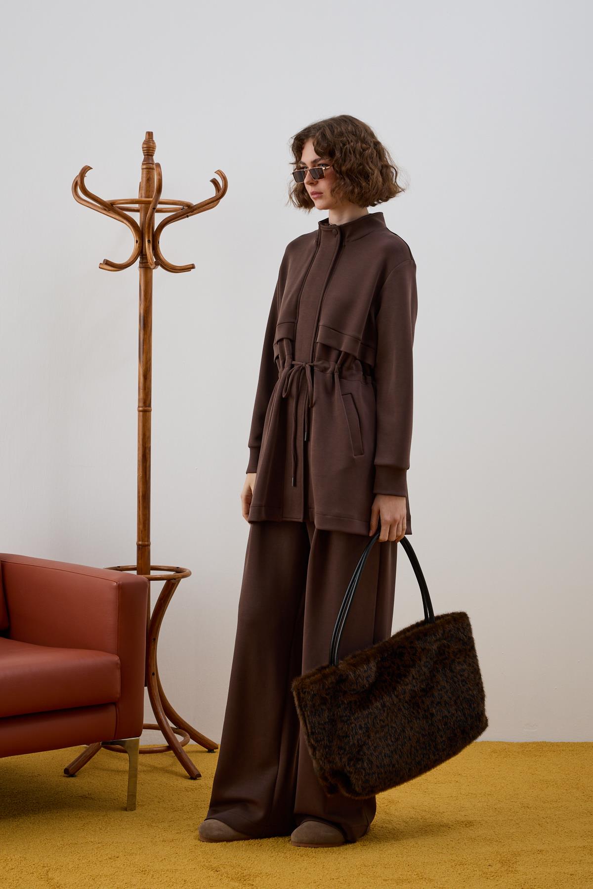 Seul Fleto Cepli Kuşaklı Eşofman Pantolonlu Takım KAHVERENGİ