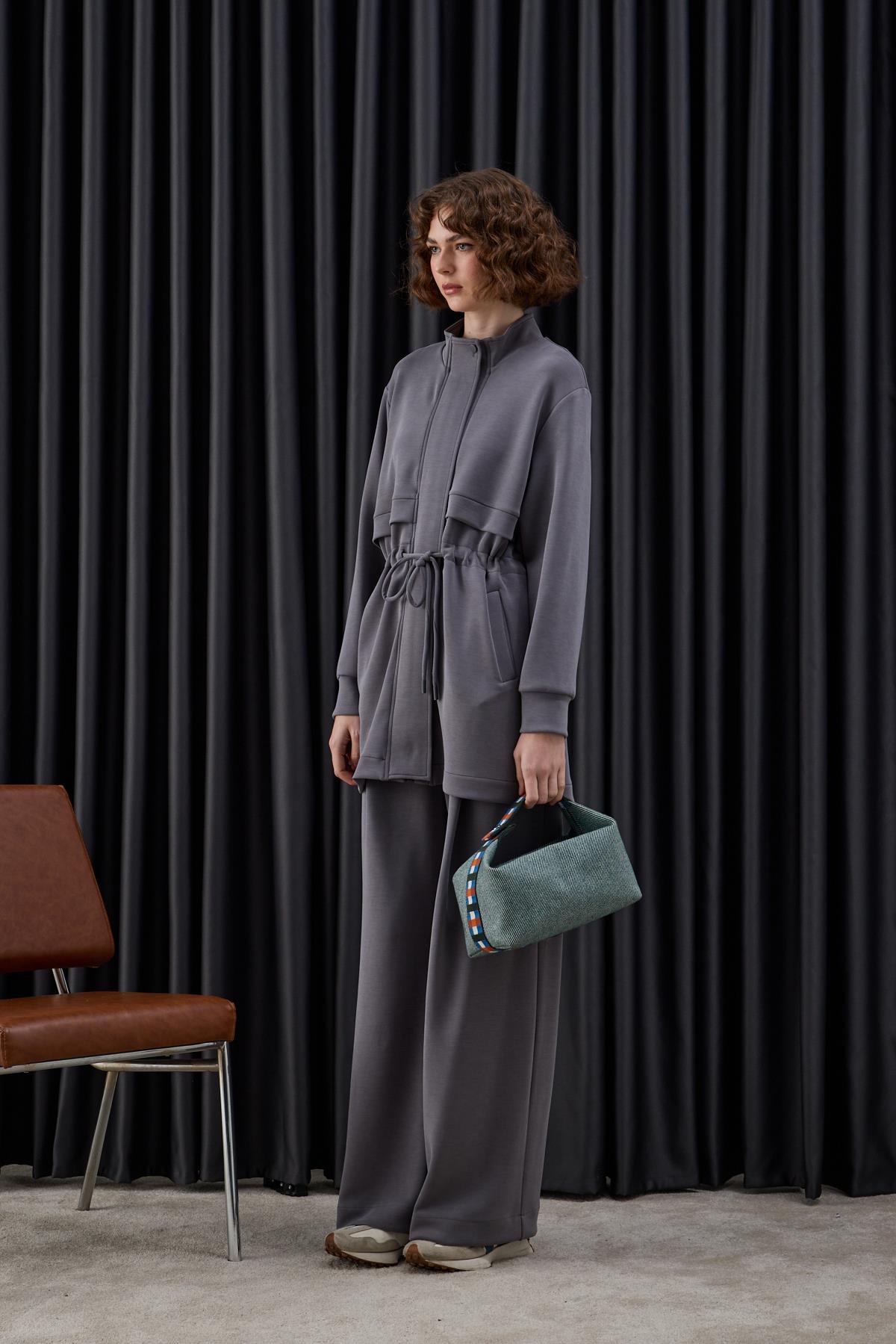 Seul Fleto Cepli Kuşaklı Eşofman Pantolonlu Takım GRİ