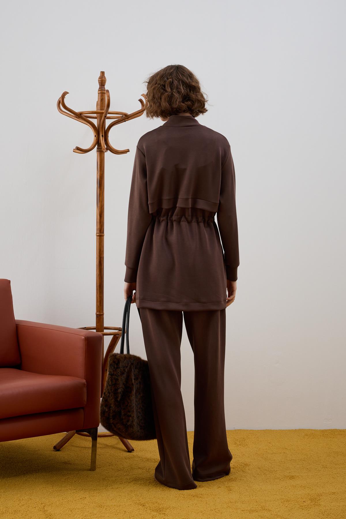 Seul Fleto Cepli Kuşaklı Eşofman Pantolonlu Takım KAHVERENGİ