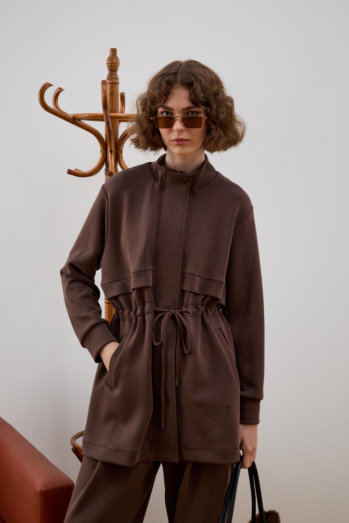 Seul Fleto Cepli Kuşaklı Eşofman Pantolonlu Takım KAHVERENGİ