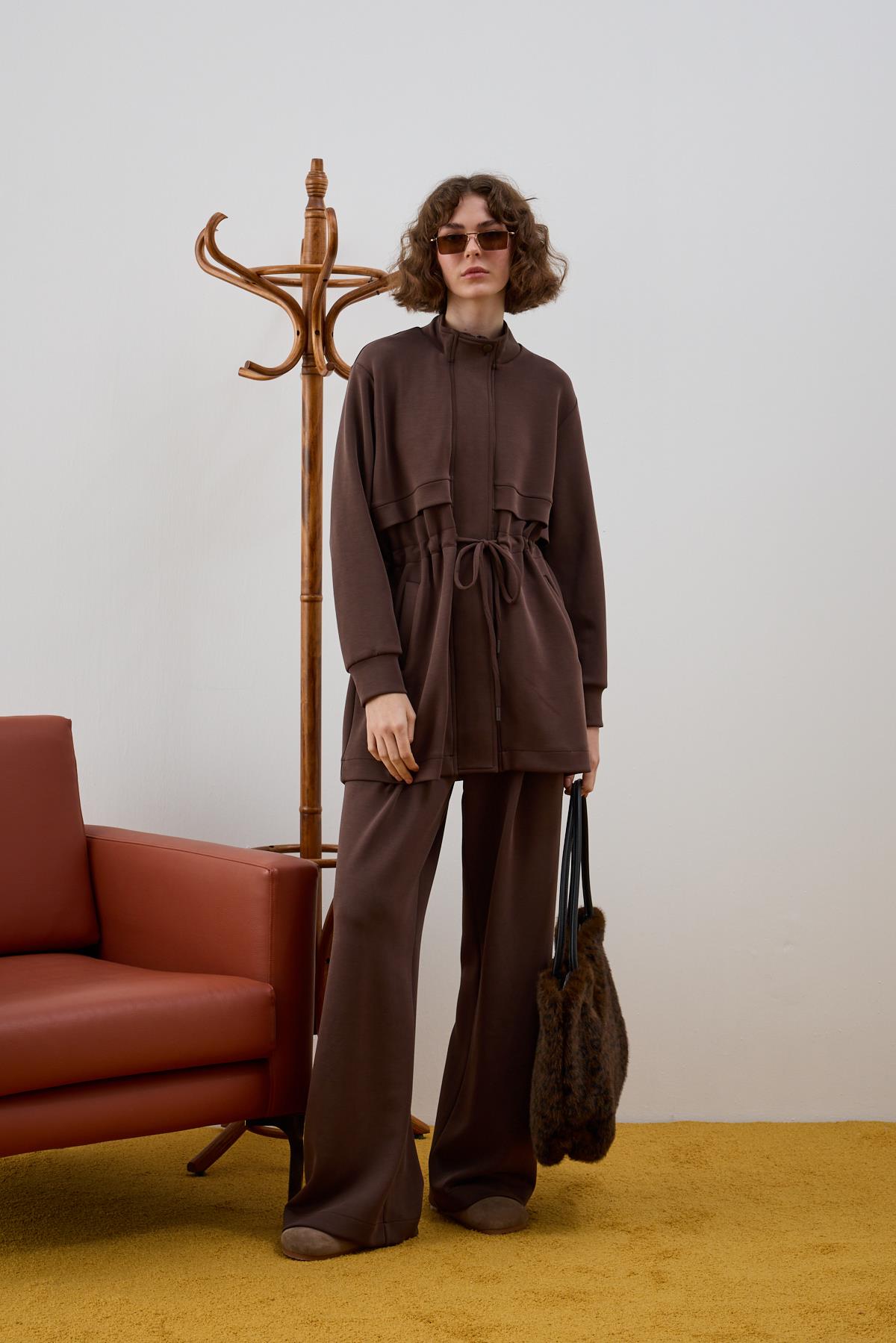 Seul Fleto Cepli Kuşaklı Eşofman Pantolonlu Takım KAHVERENGİ