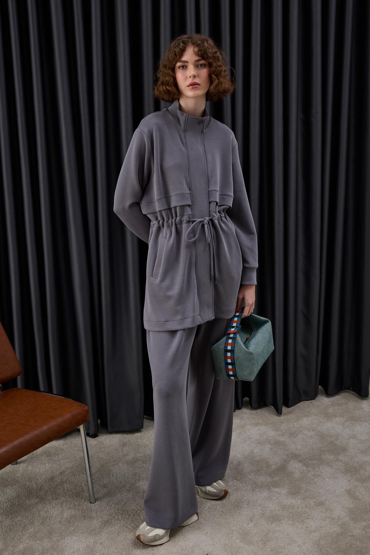 Seul Fleto Cepli Kuşaklı Eşofman Pantolonlu Takım GRİ