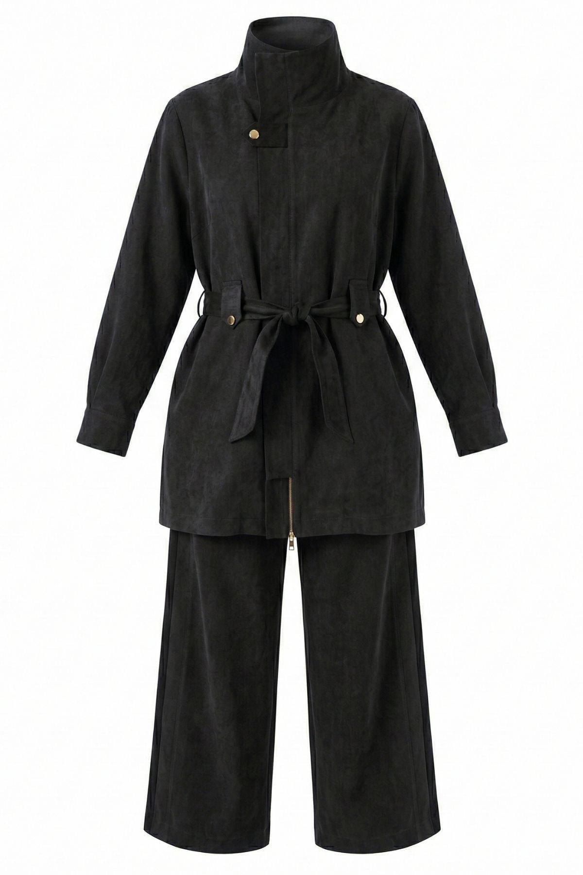 Sortie Yandan Fermuarlı Floş Lyocell Pantolonlu Takım SİYAH