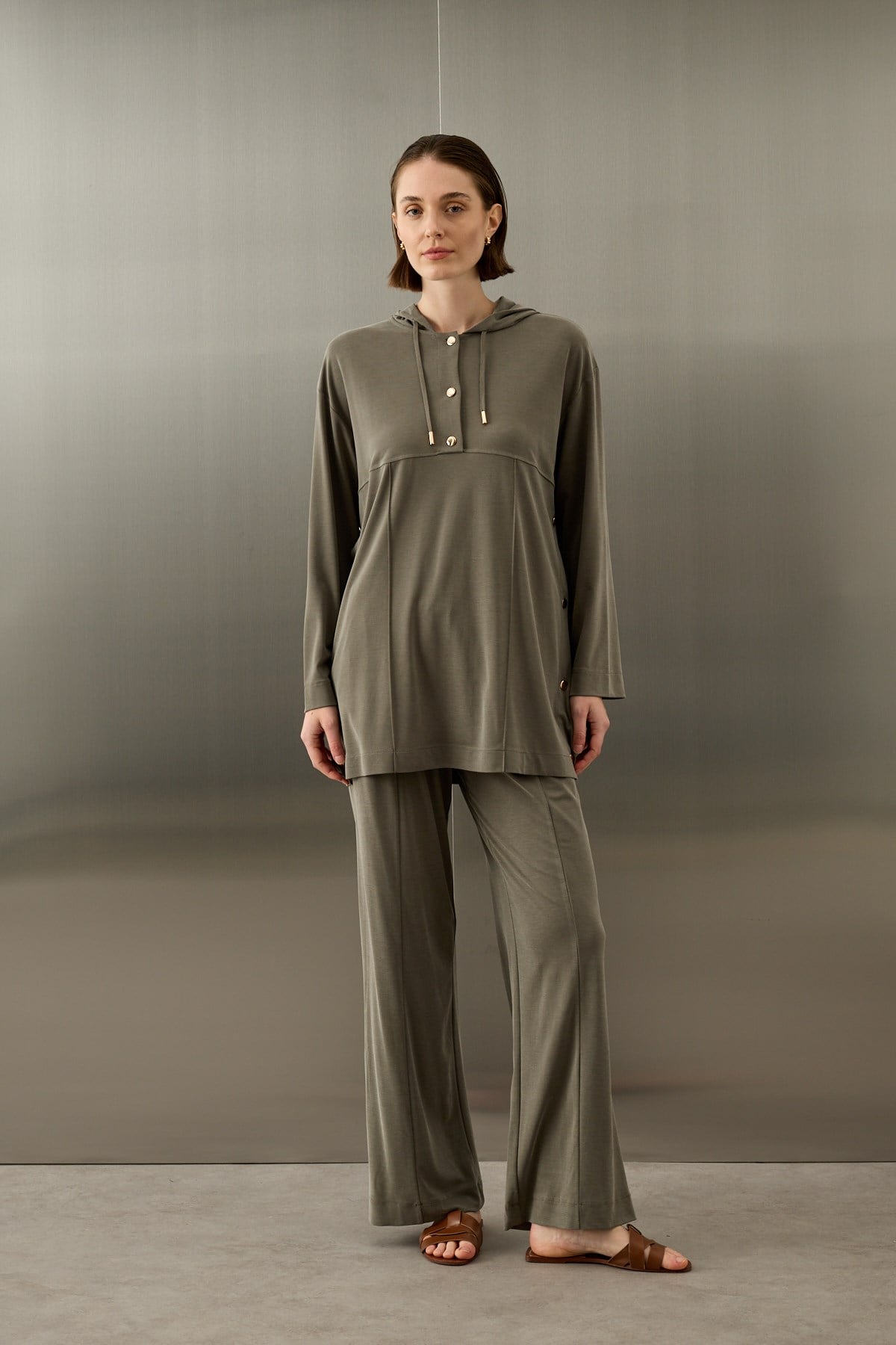 Stone Örme Rayon Eşofman Pantolonlu Takım HAKİ