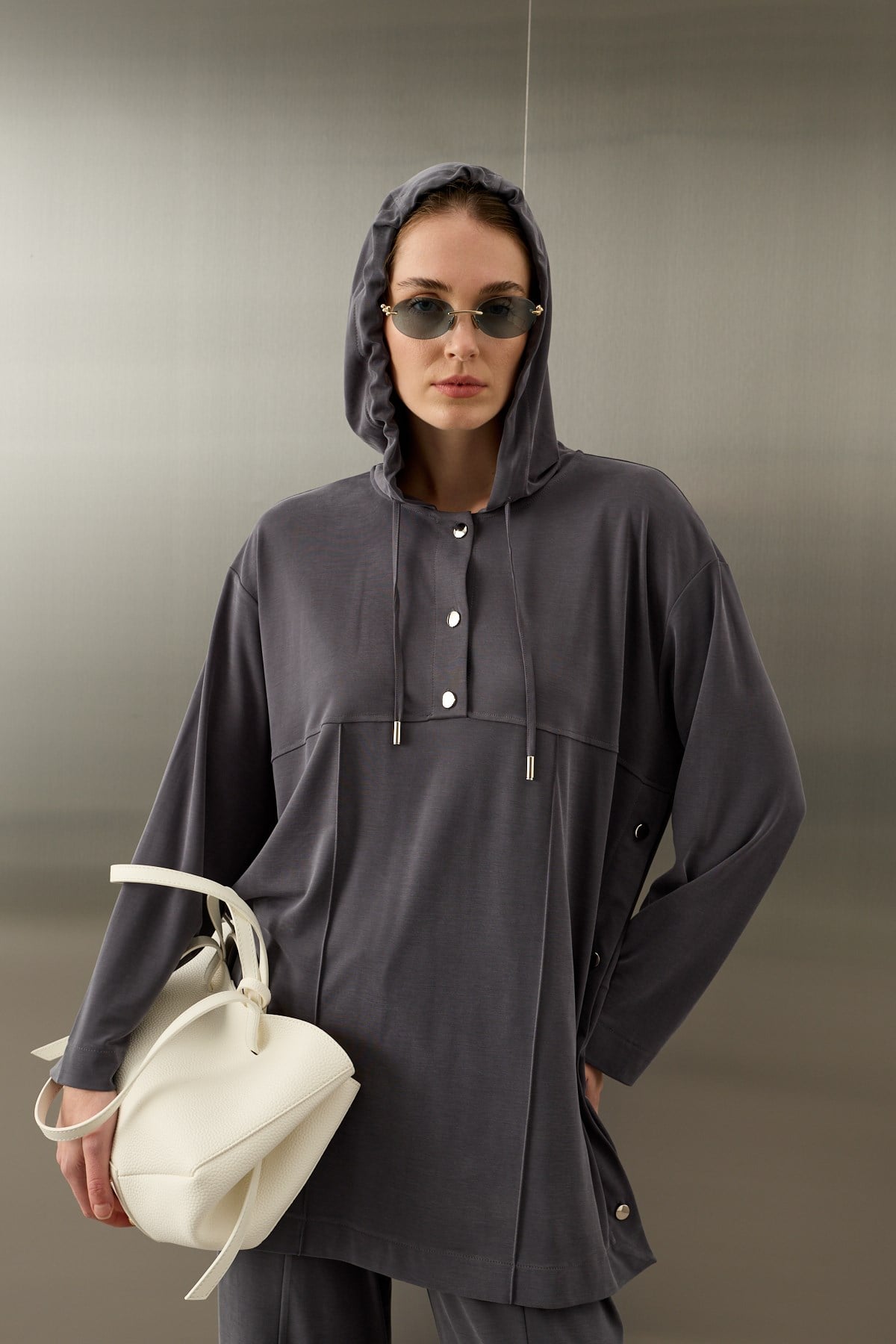 Stone Örme Rayon Eşofman Pantolonlu Takım GRİ