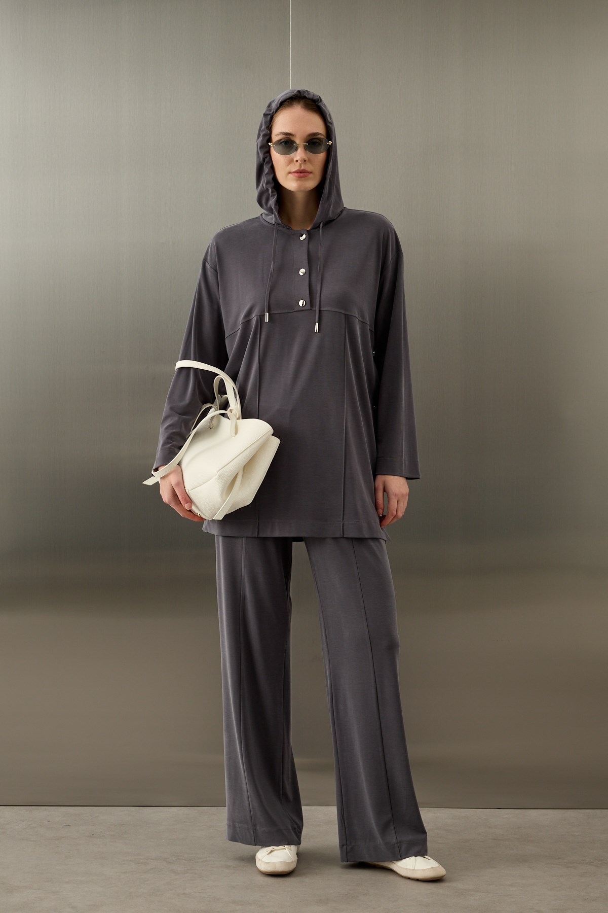 Stone Örme Rayon Eşofman Pantolonlu Takım GRİ