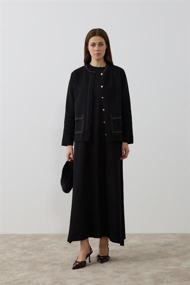 Adela Dikiş Detaylı Triko İçlik Elbiseli Takım SİYAH