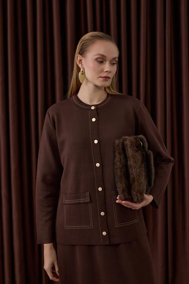 Adela Dikiş Detaylı Triko İçlik Elbiseli Takım KAHVERENGİ