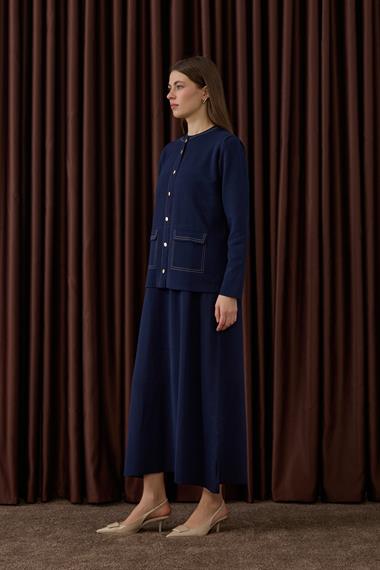 Adela Dikiş Detaylı Triko İçlik Elbiseli Takım LACİVERT