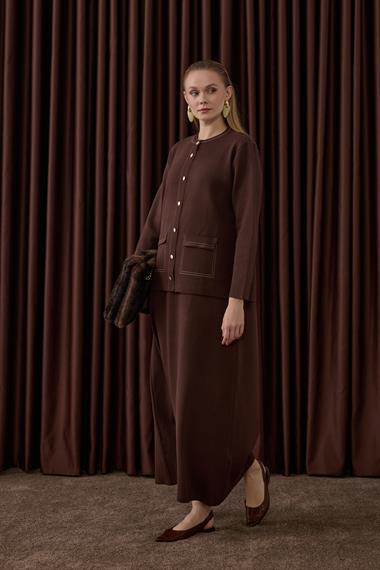 Adela Dikiş Detaylı Triko İçlik Elbiseli Takım KAHVERENGİ