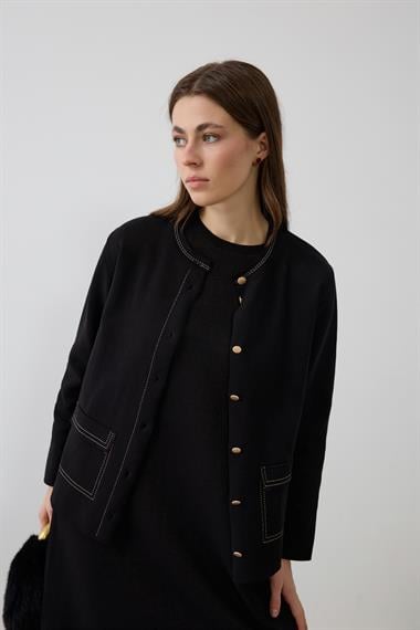 Adela Dikiş Detaylı Triko İçlik Elbiseli Takım SİYAH