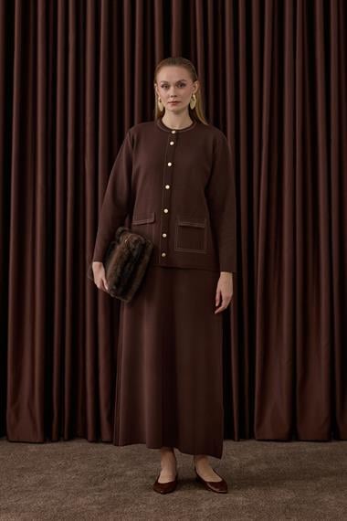 Adela Dikiş Detaylı Triko İçlik Elbiseli Takım KAHVERENGİ