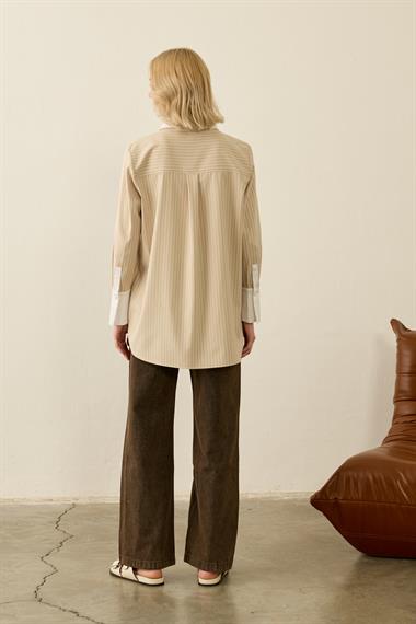 Adesya Kontrast Renkli Biyeli Çizgili Gömlek BEJ