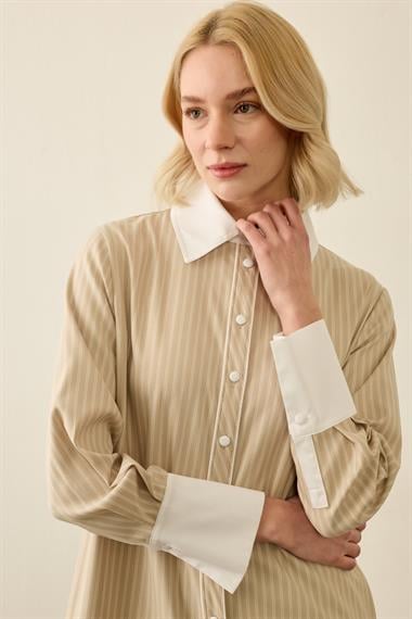 Adesya Kontrast Renkli Biyeli Çizgili Gömlek BEJ