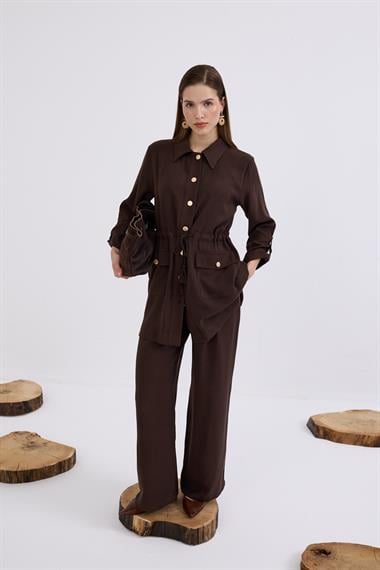 Adrian Düğmeli ve Püskül Kemerli Pantolonlu Takım KAHVERENGİ