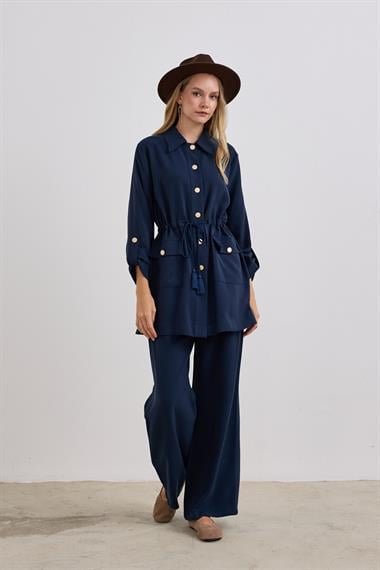Adrian Düğmeli ve Püskül Kemerli Pantolonlu Takım LACİVERT